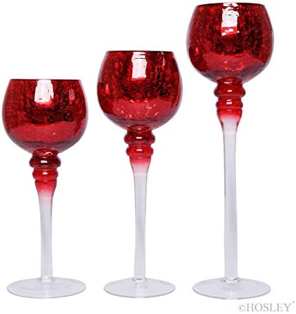 Hosley Set of 3 Crackle Red Glass Tealight Holders - 12 Inch, 10 Inch, 9 Inch Ideal for Weddings Special Events Parties Also Makes a Great Gift by HOSLEY