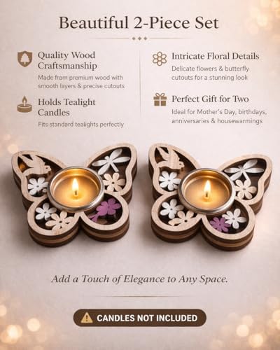 Wooden Tea Light Holder Set of 2 – Decorative Candle Tray, for Mom, Romantic Spa Décor, Home Candle Holder (Butterfly – Flutter Gracefully) - Image 3