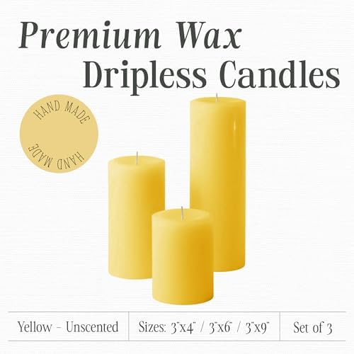 Mister Candle Unscented Dripless Pillar Candles Set of 3, Hand Poured 3 Inch Candles, Premium Wax, Decorative Pillar (3" x 4", 3" x 6", and 3" x 9", Yellow) - Image 2