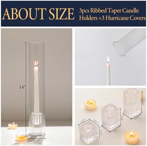 LETINE Hurricane Candle Holders with Ribbed Taper Candle Holders Set of 3(14")- Windproof & Elegant Candle Holder with Glass Cover for Outdoor&Indoors Wedding Centerpieces, Events & Home Decor - Image 2