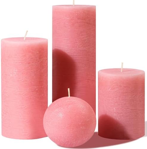 Pink Textured Pillar Candles Set - 4 Pcs Assorted Sizes Rustic Unscented Pillar Candle, Decorative Farmhouse Candles for Home Centerpiece Decor, Holiday Dinner Table, Dripless & Smokeless by MOSROAD