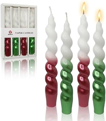 7.5 Inches Christmas Spiral Taper Candles Colorful Twisted Candle Dripless Long Candles, Handmade Candlesticks for Wedding Dinner Decor, Set of 4(Gradient Metallic Red Green) by FCMSHAMD