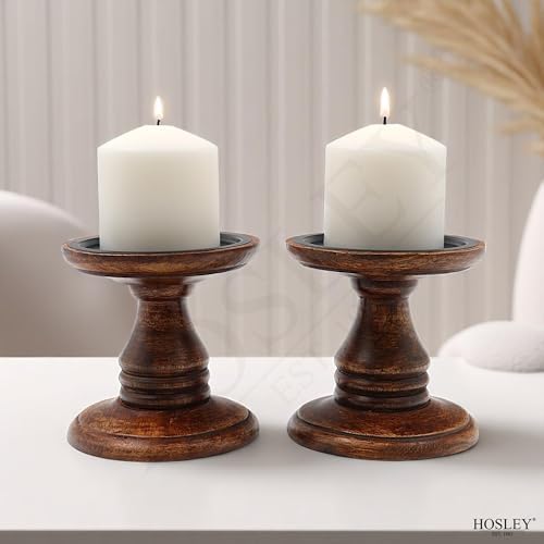 Hosley Set of 2 Brown Wood Pillar Candle Holders 5 Inch High Ideal Gift for Weddings Bridal Party Spa Reiki Meditation Votive LED Pillar Candle Gardens - Image 2