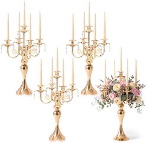 20.3'' Tall 5 Arm Candelabra Centerpiece for Table, Metal Elegant Candle Holder, Retro Candlestick Table Centerpieces for Party, Events, Home, Wedding Decor (4, Gold) by KOLNLALA