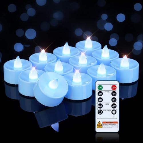 Homemory 12-Pack Light Blue Remote LED Battery Tea Light Candles, 400+ Hrs by Homemory