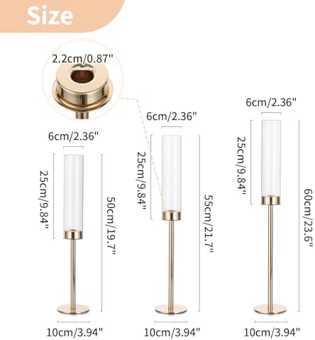NUPTIO Gold Taper Candle Holders: Set of 3 Tall Hurricane Candlestick Holder with Open Ended Clear Glass Covers Long Stem Metal Candle Stick Stand for Fall Thanksgiving Christmas Table Decor - Image 5