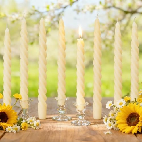 8PCS 10-Inch Pure Beeswax Spiral Taper Candles, Cream White, Dripless by Aglary