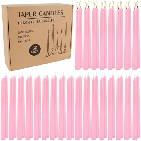 50-Pack Pink 10-Inch Taper Candles: Unscented Dripless Candlesticks with 8-Hour Burn Time - Elegant Dinner Candles for Valentine's Day, Romantic Dinners, Wedding Centerpieces, & Special Event Decor by HELLY