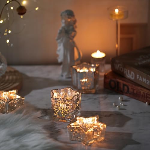 Letine 10pcs Silver Ribbed Star Candle Cups - Assorted Height Tea Light Holders, Votive Candle Holders forWedding, Fall Table Centerpiece, Mercury Glass Lucky Star Jar Decor(Tall 2.44", Short 1.57") - Image 5