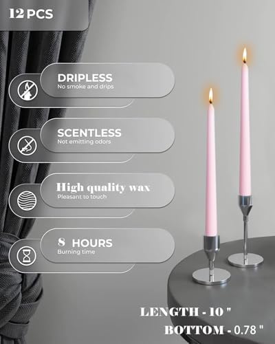 10 Inch Pink Taper Candles-Dripless Unscented Spring Tapered Candle Smokeless Candlestick Long Slow Burning 8 Hours Tall Sticks for Christmas Wedding Dinner Parties 12 Pack - Image 2