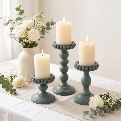 Mumufy 3 Set Wooden Candle Holders for Pillar Candles, Sage Green, Small by Mumufy