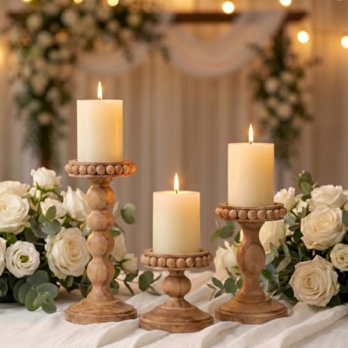 Mumufy 3 Set Wooden Candle Holders for Pillar Candles, Pine Brown, Small by Mumufy