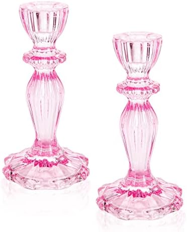 Glass Candle Holders, 2PCS Decorative Candle Stand Wide Base Candlestick Holder Table Centerpiece Decor for Wedding Festival Party Windowsill, Pink by SHOWLOUE