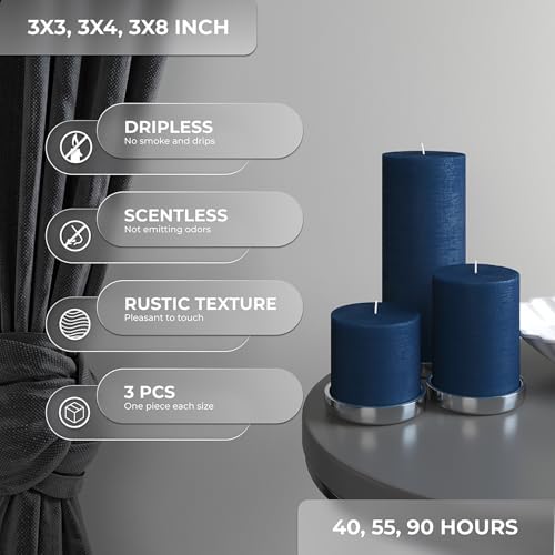 CANDWAX Assorted Pillar Candles Set of 3 – Sizes 3", 4", 8" Unscented Dripless Large Candles, Rustic Style Long Burning for Weddings, Decor – Dark Blue - Image 2