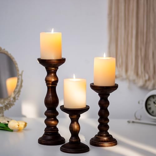 Romadedi Wood Pillar Candle Holders, Dark Brown Solid Wood, Set of 3 - Image 3