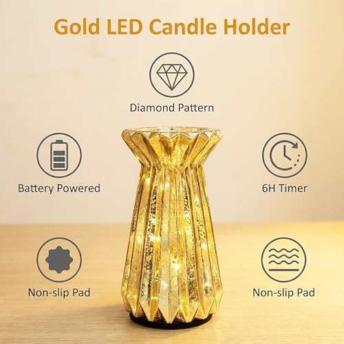 Home Decor, Mercury Glass Pillar Candle Pedestal Holders with 10 Led Lights, Lighted up Candle Holder for Pillar Candle, Candlestick Holders with Timer for Wedding Home Dining Table Xmas (Gold) - Image 2