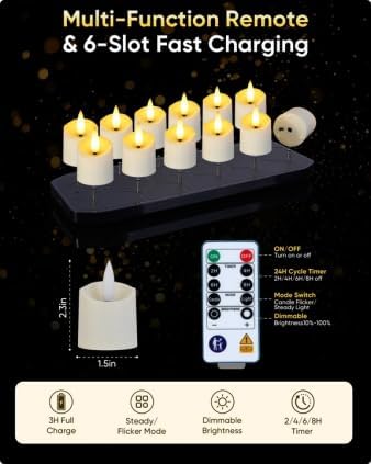 Homemory 12 Pack Rechargeable Tea Light Candles with Remote, 2/4/6/8H Timer - Image 3