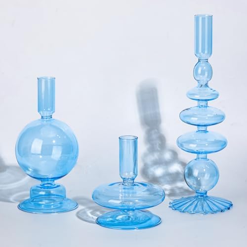 Rtteri 3 Pcs Iridescent Glass Candlestick Holders Taper Candle, Light Blue - Image 4