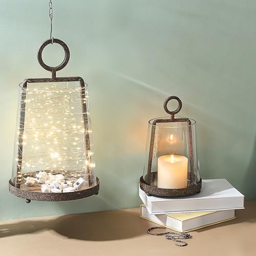 9" & 6" Wide Modern Farmhouse Metal Hurricane Candle Holder with Handmade Sturdy Glass Sleeve in Rusty Brown for Pillar Candle & Plants, Glass Hurricane Lantern, Industrial, Minimalistic - Image 4