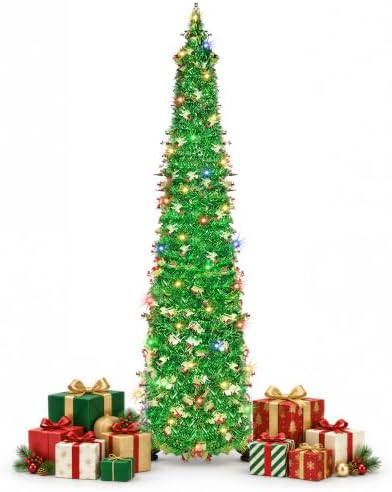 5FT Pop Up Christmas Tree with 90 LED Lights, Collapsible Christimas Tree Sled Sequins Tinsel Slim Pencil Christmas Xmas Tree for Home Holiday Fireplace Party Indoor Outdoor Decorations, Green by BTU