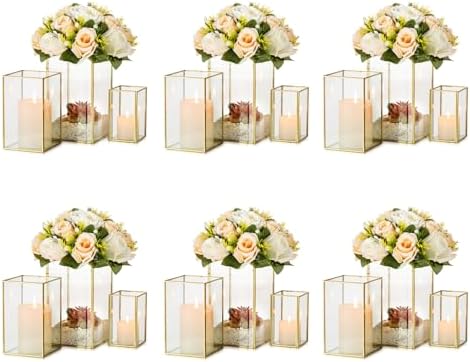 Hewory Glass Hurricane Candle Holder, 18Pcs Gold Rectangle Flower Holders by Hewory