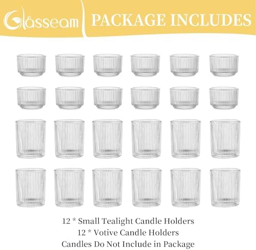 Glasseam Clear Glass Votive Candle Holders: Small Tea Light Candle Holders in Bulk, Ribbed Vintage Candle Holder Set of 24, Decorative Tealight Holders for Wedding Centerpieces Party Decorations | Small Tea Light, Set, Fluted Thick Glass, Decorative, W... - Image 6