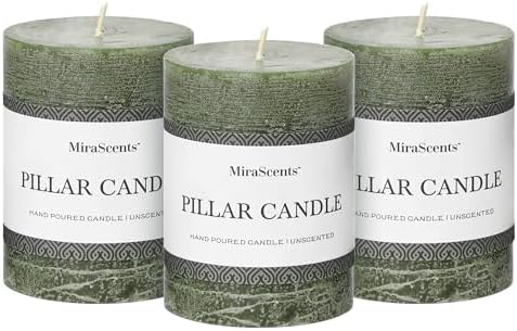 3x4 Inch Moss Green Pillar Candles Set of 3 - Unscented Spring Candles, Long Clean Burning, Large Big Candle, Smokeless Dripless Candle for Home Decor, Dinner Table, Bathroom, Rustic Decor by MiraScents