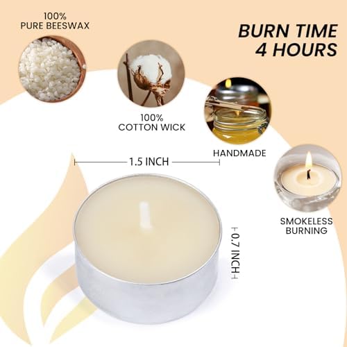 100PCS Beeswax Tealight Candles, Cream White, Aluminum Cups, 4H Burn - Image 3
