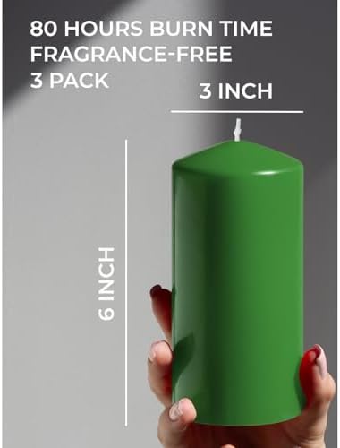 Candwax Green Pillar Candles Set of 3 - Perfect as Christmas Centerpiece Table Decorations - 80-Hour Burn Time Self-Extinguishing Candles for Home Decor - Cone-Top Grass Green Pillar Candles 3x6 - Image 2