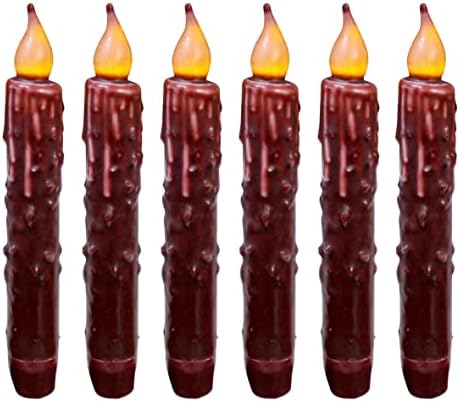 CVHOMEDECO. Real Wax Hand Dipped Battery Operated LED Timer Taper Candles Rustic Primitive Flameless Lights Décor, 6-3/4 Inch, Burgundy, 6 PCS in a Package by CVHOMEDECO