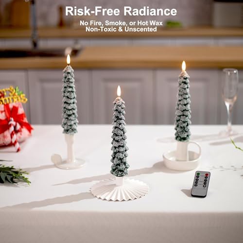 Stmarry 4 PCS Flameless Christmas Tree Candles with Remote, Snow Covered Real Wax Flameless Taper Candles 9.65 Inch, LED Candlesticks Battery Operated with 3D Flickering Flame, Christmas Candles Decor - Image 3