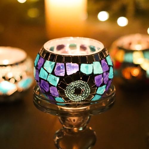 4PCS Mosaic Tealight Candle Holder Set - Blue Mediterranean Glass Votive Candle Holder for Summer Ocean Decor & Diwali Decorationr & Diwali Gift - Image 5