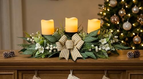 Svndlyn 26 Inch 3 Candle Holder Centerpiece with Greenery and Striped Bow - Image 6