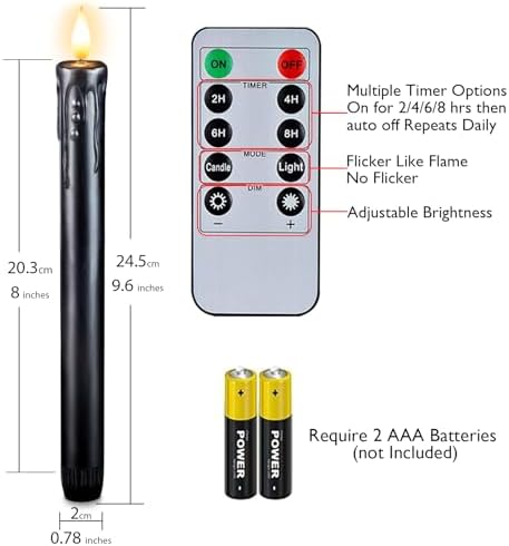 Homemory Black Flameless Taper Candles with Remote and Timer, Real Wax LED Taper Candles Battery Operated, Flickering Candle Sticks for Party Halloween Indoor Decoration, 6 Pcs, 9.6 inches - Image 6