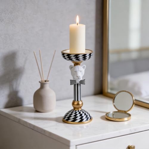 Checkered Animal Candle Holders, Resin Black White Checkered Tiger Head Candlestick Holders, Cute Black-and-White Pillar Candle Stand Home Decorations (Cheetah) - Image 3