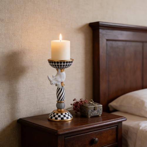Checkered Animal Candle Holders, Resin Black White Checkered Tiger Head Candlestick Holders, Cute Black-and-White Pillar Candle Stand Home Decorations (Rhinoceros) - Image 6