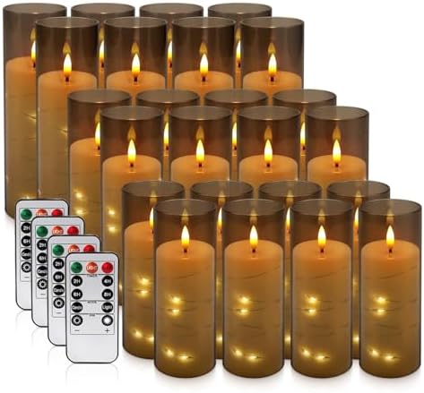 24 Pack Flameless LED Pillar Candles with Remote & Timer, Flickering Battery Operated Candles with Embedded Starry Lights, 3-Sizes Gray Acrylic Decorative Candles for Wedding, Home, Party Decor - Image 3