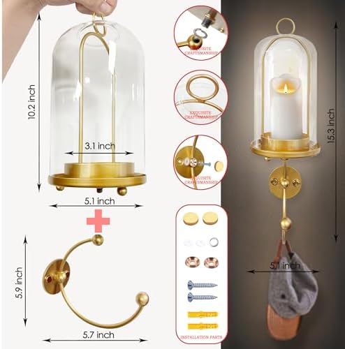 Metal Wall Hurricane Glass Candle Sconce Holder for Pillar Candle & Plant, Modern Farmhouse Decor Candle Lantern with Hand Towel Rack (Gold) - Image 5