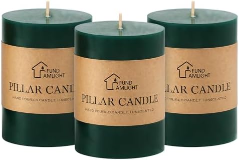 3x4 Inch Dark Green Pillar Candles Set of 3 - Unscented Pillar Candle by FUNDAMLIGHT