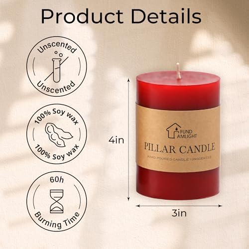 3x4 Inch Red Pillar Candles Set of 3 - Decorative Unscented Pillar Candle - Image 4