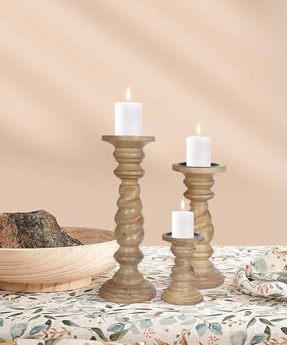 Rustic White Wash Pillar Candle Holders Set of 3 – Rope Design, 12" 9" 6" Heights – Farmhouse Candle Holders for Table Centerpiece & Decor – Fits Pillar Candles – Vintage Home Accent - Image 3