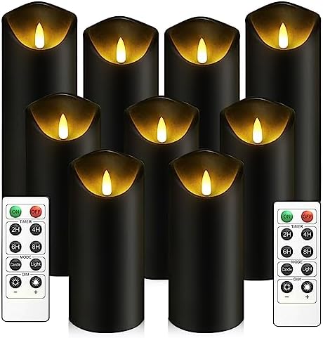 kakoya Flickering Flameless Candles, Battery Operated Plastic LED Pillar Candles with Remote Control and Timer, Set of 9 (Black) by FLAMELESSCANDLES