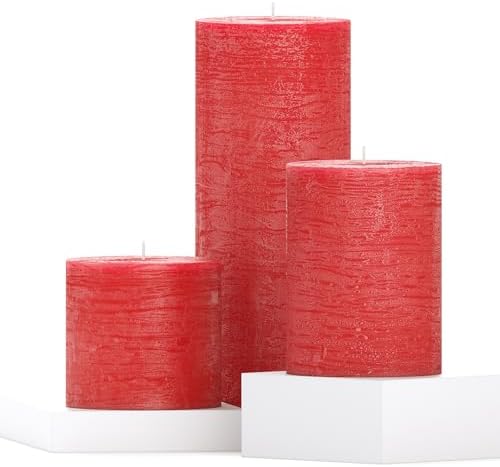 CANDWAX Assorted 3x3, 3x4, 3x8 Inch Red Pillar Candles Set of 3 - Smokeless Dripless Red Pillars - Perfect for Home Decor, Dinner Table Centerpieces, Party Decorations - Unscented Candles by CANDWAX