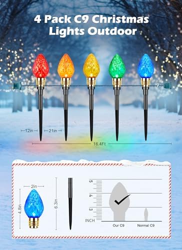 Brightown 4 Pack Strawberry C9 Christmas Pathway Lights Outdoor - Total 69.6 Feet 40 LED Christma Walkway Lights,Colored Bulb Christmas Light Outdoor Decorations for Lawn Holiday Outside, Multicolor - Image 5