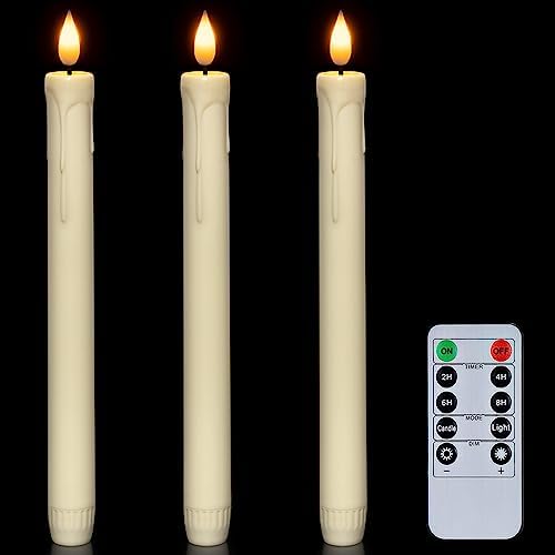 Homemory 3 Pcs Flameless Taper Candles with Remote Timer Dimmer, 9.6" Ivory LED Candlesticks Battery Operated, Plastic Flickering Flameless Candles for Fireplace Wedding Seasonal Indoor Decorations by Homemory