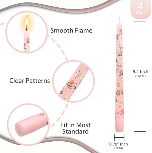 NJAO HOO Flower Candlesticks 10 in Straight Taper Candles Hand Printing Colored Pink Candlesticks Floral Tall Tapered Candle for Spring Home Garden Decor Simple Modern, 4Pcs - Image 2