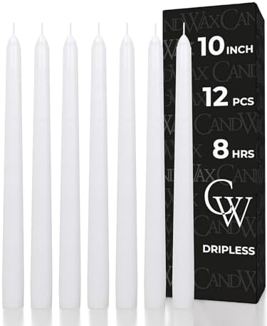 CANDWAX 10 inch White Taper Candles - Set of 12 White Candle Sticks Ideal for Christmas Decorations - Unscented Dripless Smokeless Long Burning Candlesticks - Christmas Candlesticks by CANDWAX