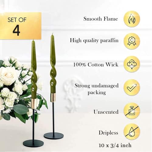 MAITREYA Olive Spiral Taper Candles Conical Stick Candles Taper Candles-Set of 4 for Decoration Weddings Party Church-Unscented Dripless Candles,10inch(Olive) - Image 4