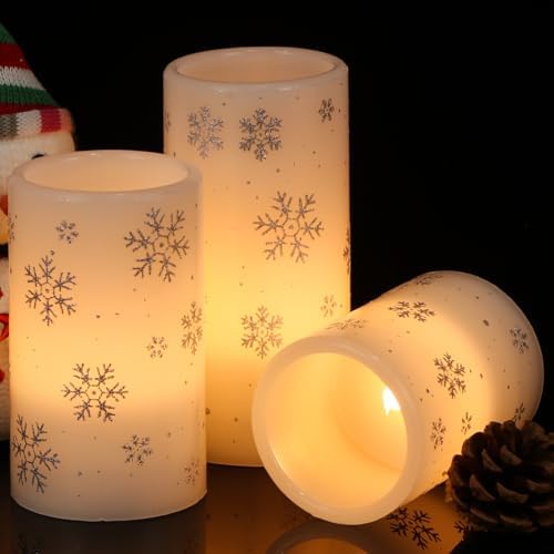 Christmas Snowflake LED Flameless Pillar Candles Battery Operated Timer by KunSwennLife