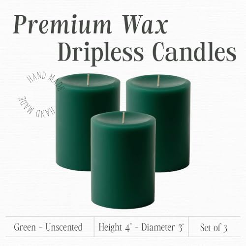 Mister Candle Dripless Unscented Green Pillar Candles, Set of 3 Hand Poured Solid Color Non-Scented Candles for Home Decor, Premium Wax, 60 Hr Burn Time - 3x4 Inch, Green - Image 2